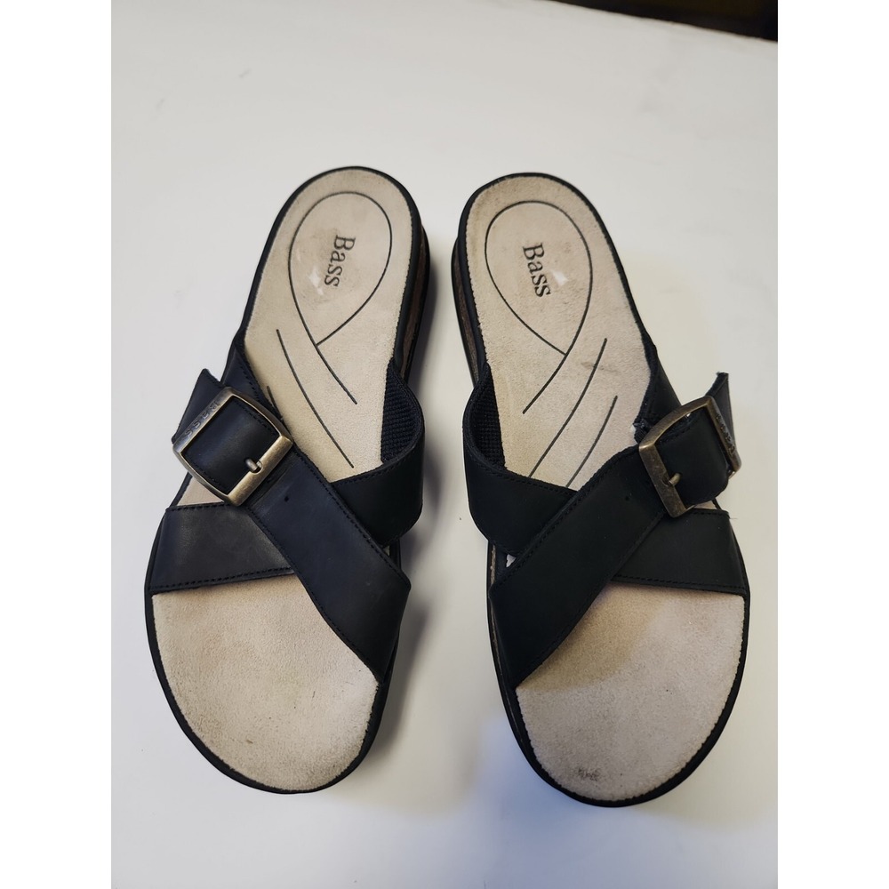 Bass Women's Sandals Size 6.5 M Black Slip Ons Adjustable Suede And Cork